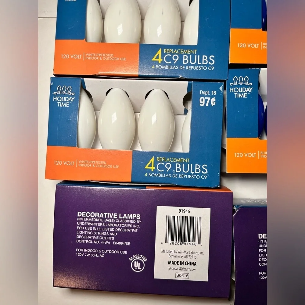 Lot of 12 Holiday Time C9 Replacement Bulbs Red White Blue NOS